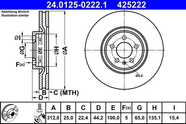 Brzdový kotouč ATE 24.0125-0222.1 – OE 2Q0615301J