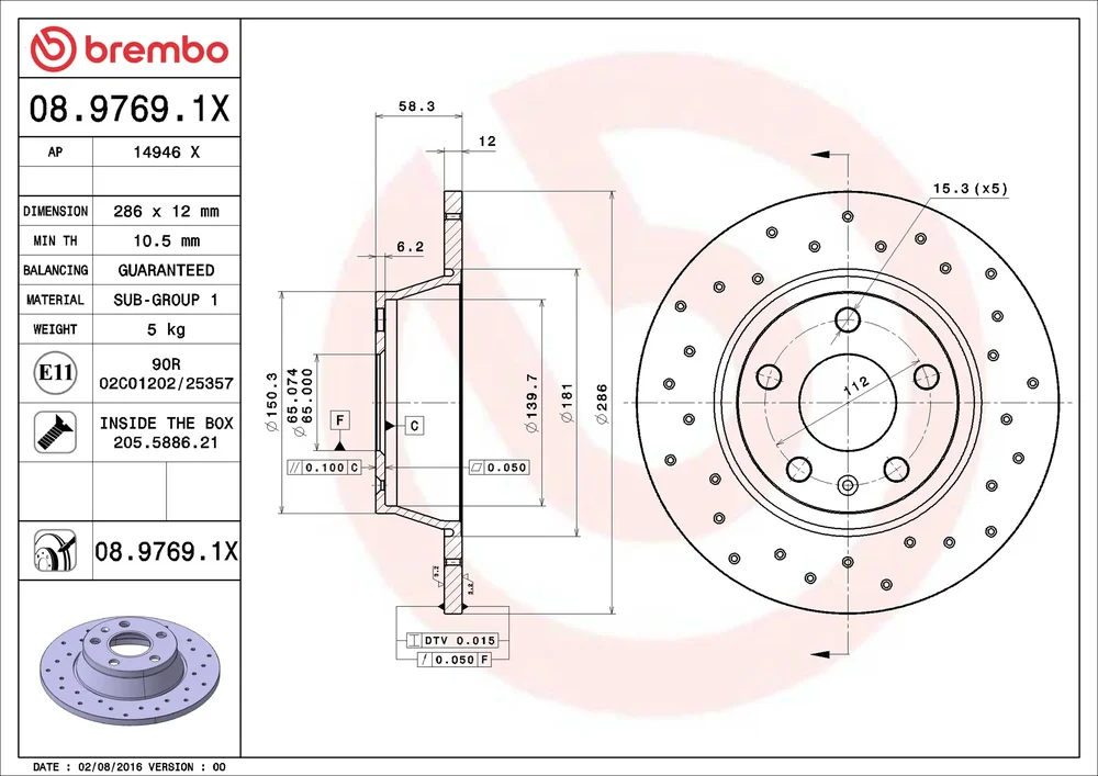 Brzdový kotouč BREMBO 08.9769.1X – OE 8J0615601