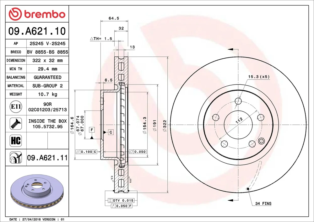 Brzdový kotouč BREMBO 09.A621.11