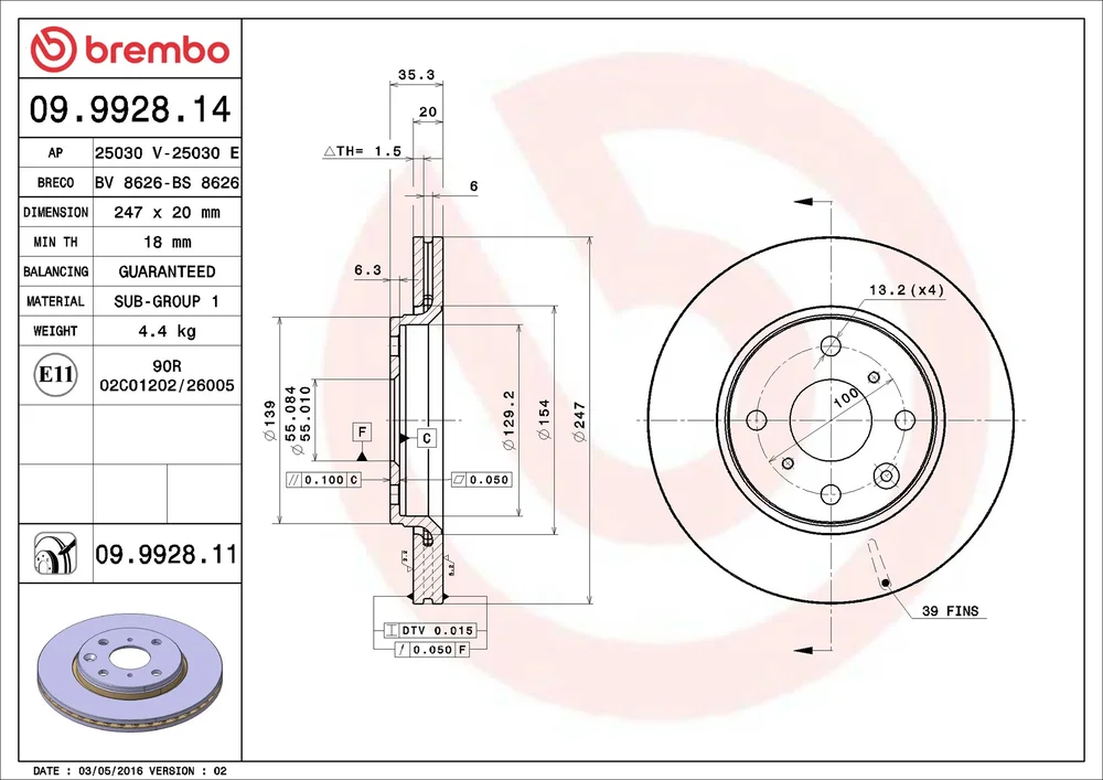 Brzdový kotouč BREMBO 09.9928.11