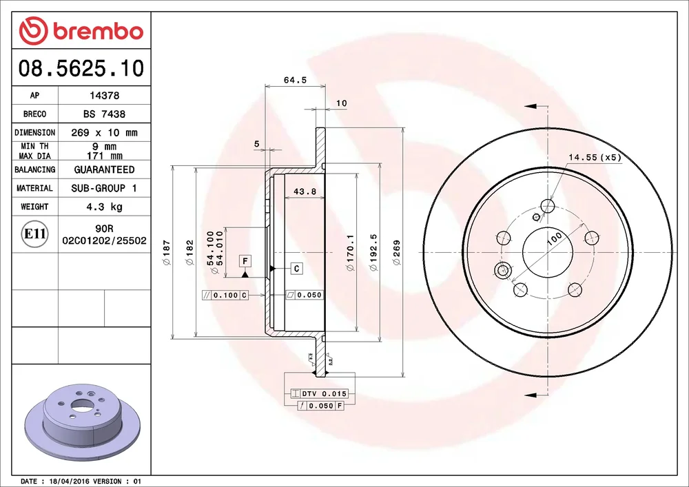 Brzdový kotouč BREMBO 08.5625.10