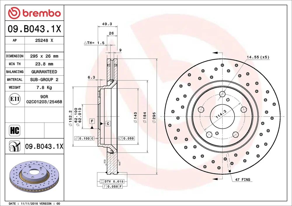 Brzdový kotouč BREMBO 09.B043.1X – OE 435120F030