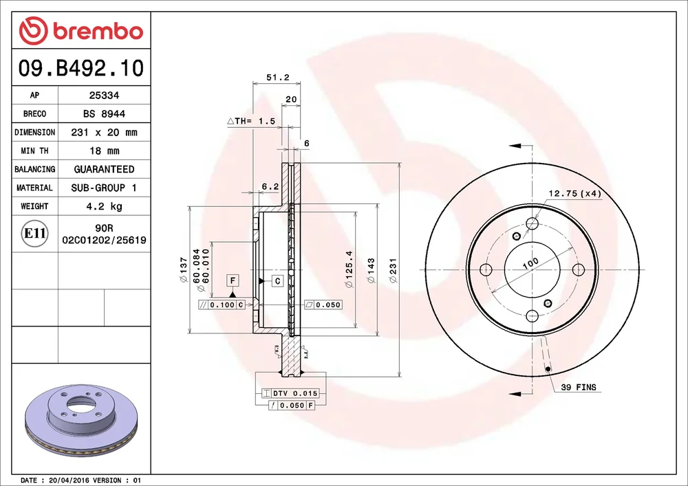 Brzdový kotouč BREMBO 09.B492.10