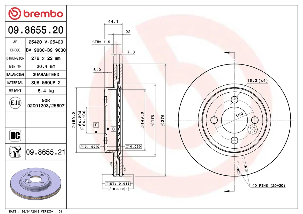 Brzdový kotouč BREMBO 09.8655.21 – OE 34116774984