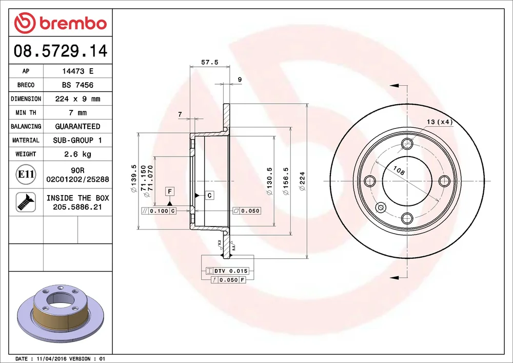 Brzdový kotouč BREMBO 08.5729.14 – OE 95667811