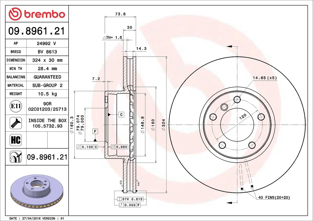 Brzdový kotouč BREMBO 09.8961.21