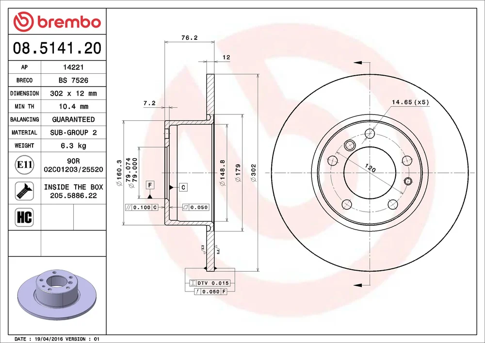 Brzdový kotouč BREMBO 08.5141.20