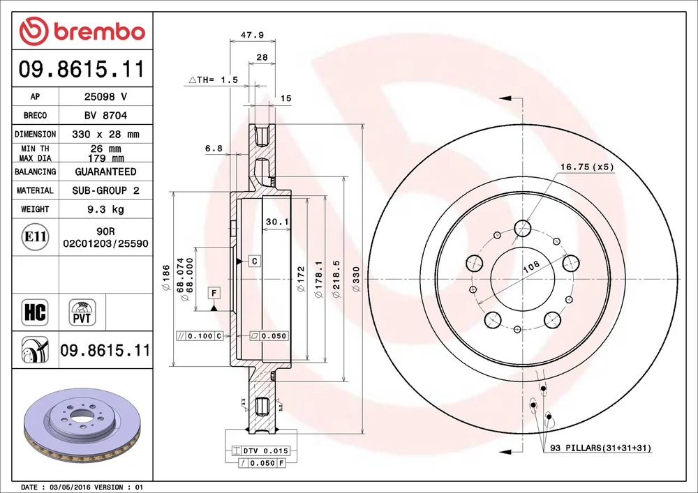 Brzdový kotouč BREMBO 09.8615.11