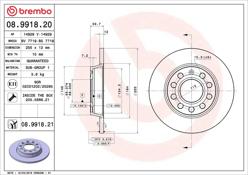 Brzdový kotouč BREMBO 08.9918.21