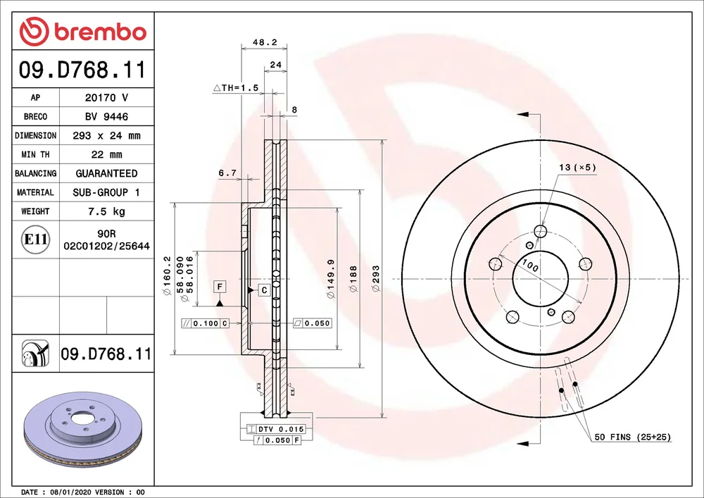 Brzdový kotouč BREMBO 09.D768.11 – OE 26300FL010