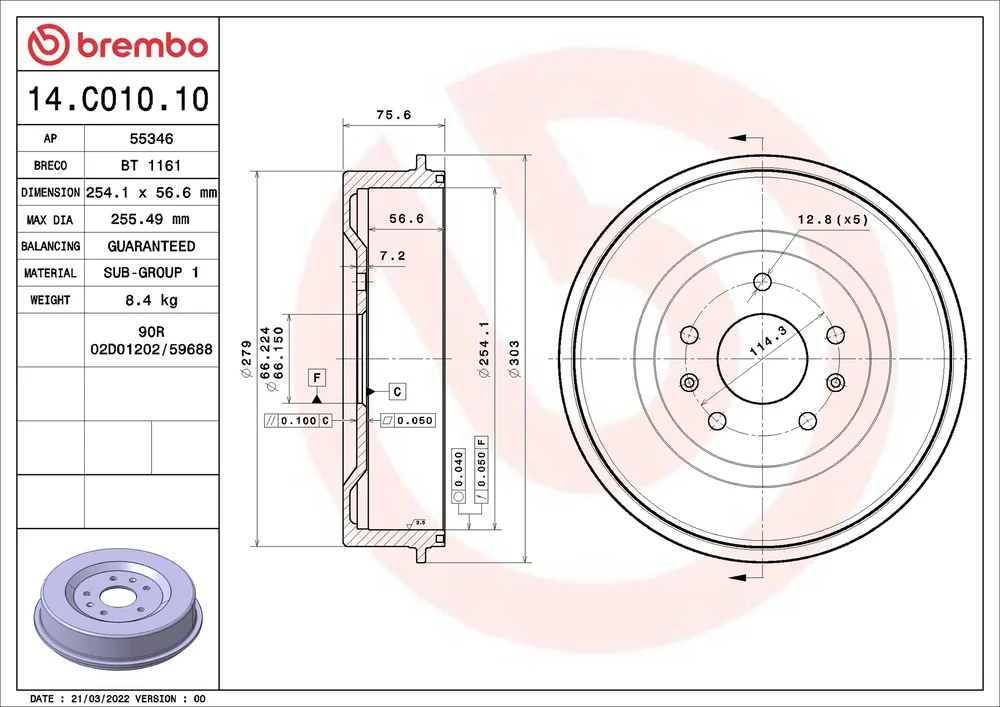 Brzdový buben BREMBO 14.C010.10 – OE SDC000010